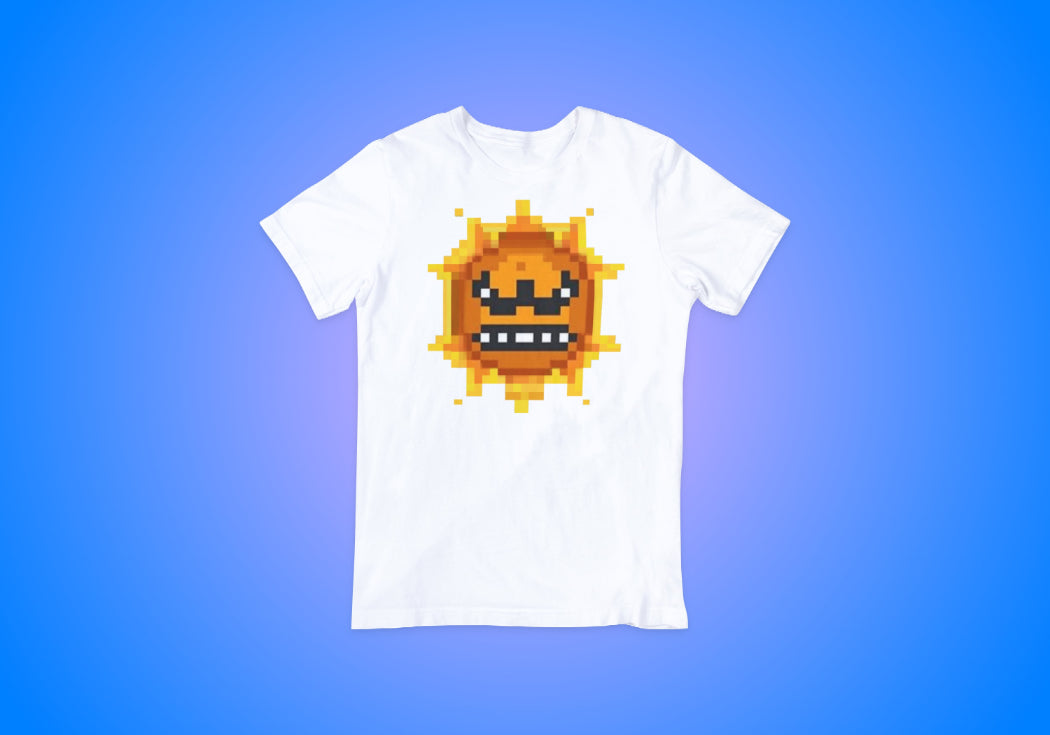 Premium quality white short sleeve cotton t-shirt with Super Mario 3 angry Sun character from 4one3