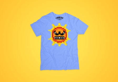 Premium quality blue short sleeve cotton t-shirt with Super Mario 3 angry Sun character from 4one3