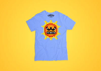 Premium quality blue short sleeve cotton t-shirt with Super Mario 3 angry Sun character from 4one3